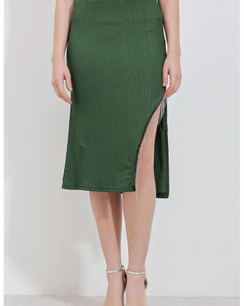 Fusta midi HiCCUP texturata, verde, poliester si lycra