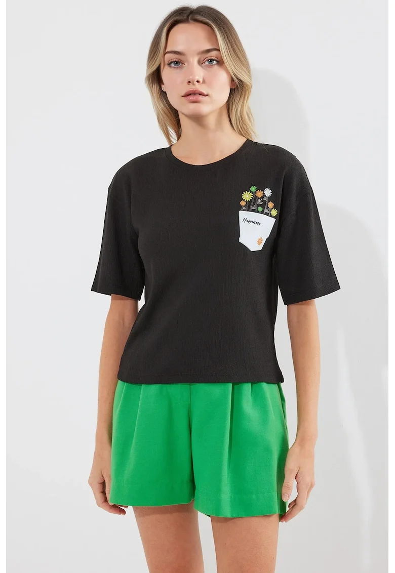 Tricou dama HiCCUP, guler rotund, imprimeu brodat, negru, poliester-lycra