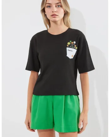 Tricou dama HiCCUP, guler rotund, imprimeu brodat, negru, poliester-lycra