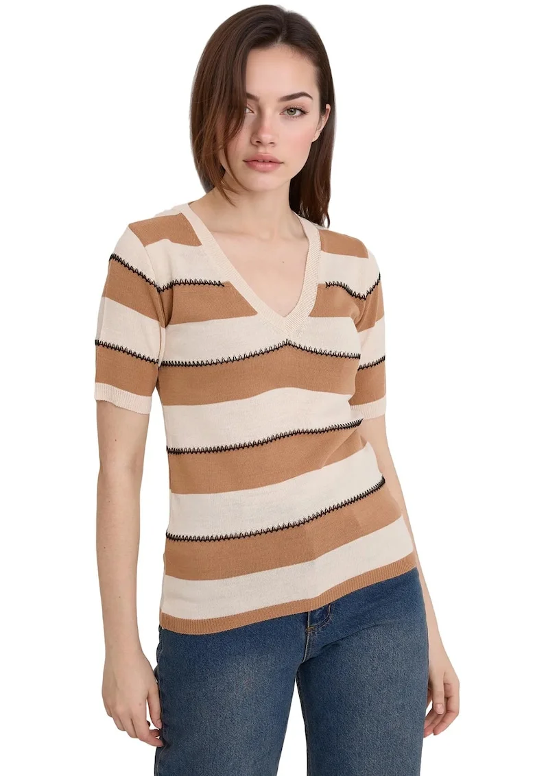 Tricou dama,  Tricot, Bej, Decolteu in V