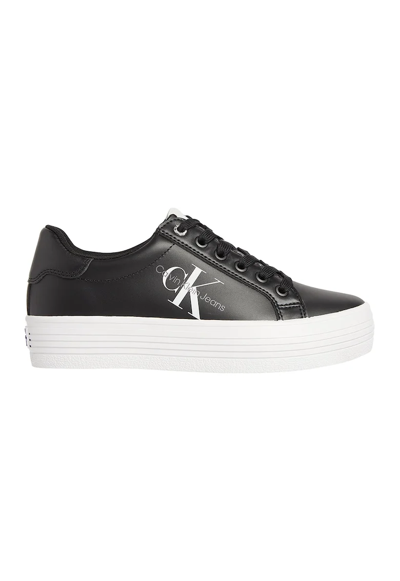 Pantofi sport din piele cu talpa flatform si imprimeu logo, Negru