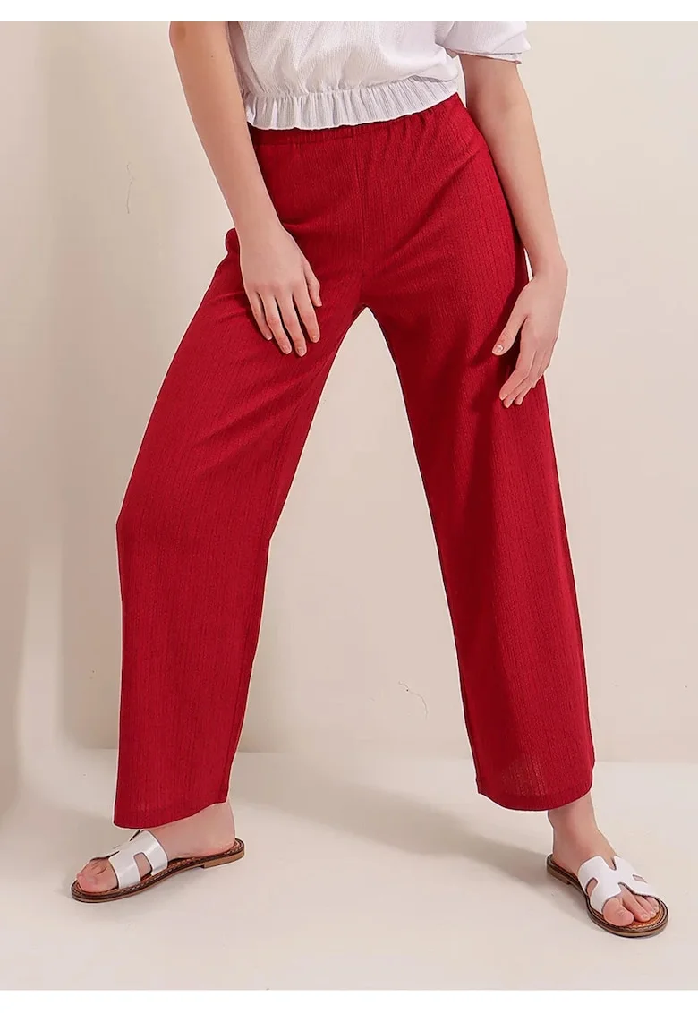 Pantaloni dama, HiCCUP, texturati, croiala relaxata, rosu, poliester-lycra