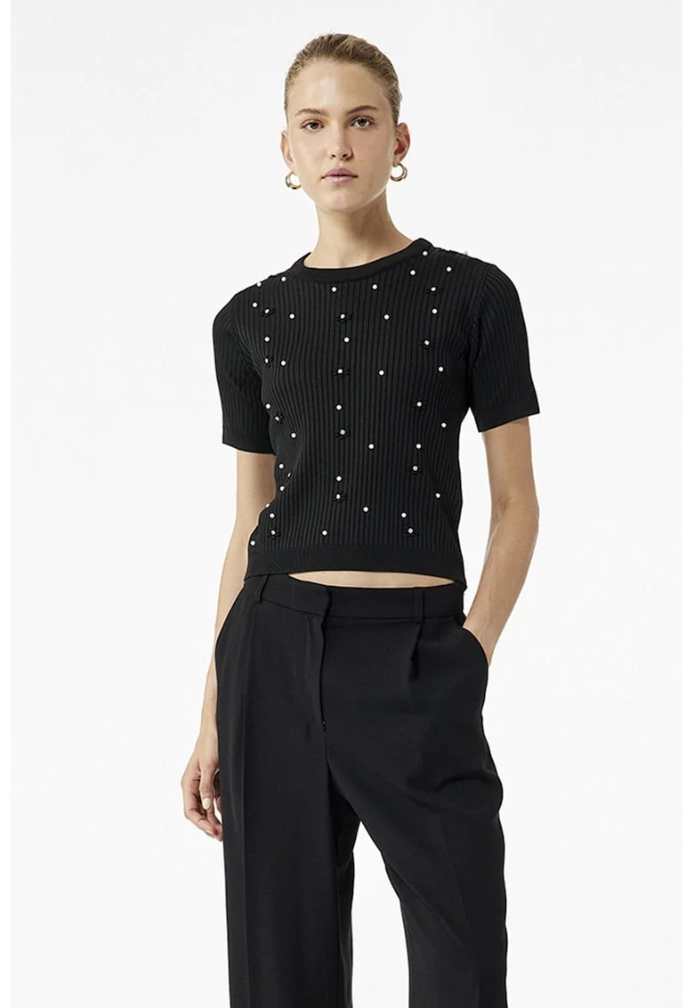Pulover cu maneci scurte si margele, Negru/Transparent