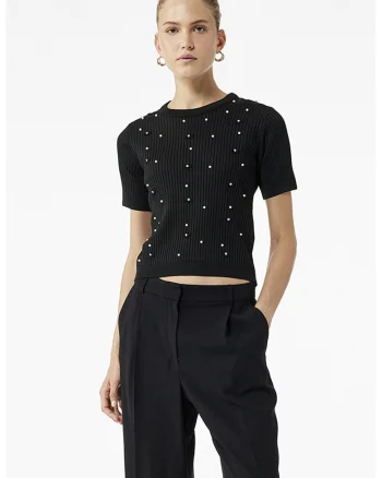 Pulover cu maneci scurte si margele, Negru/Transparent