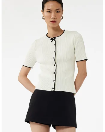 Pulover slim fit cu maneci scurte, Alb fildes/Negru