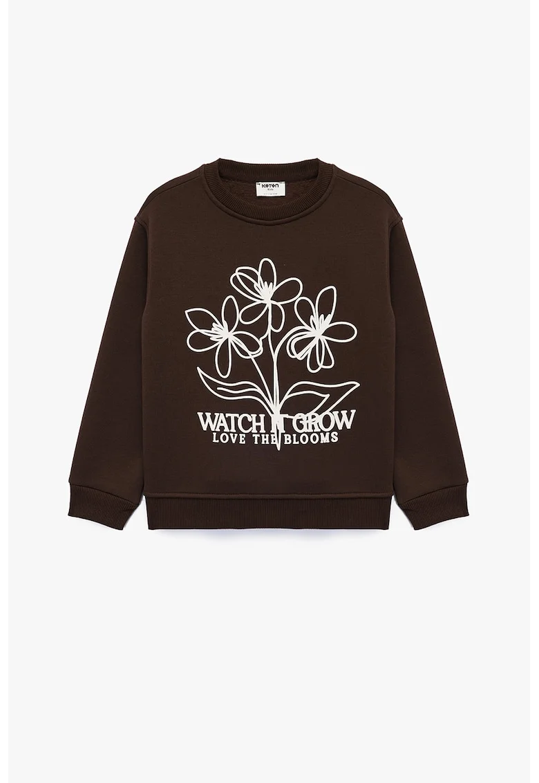 Bluza de trening cu imprimeu floral, Alb/Maro inchis