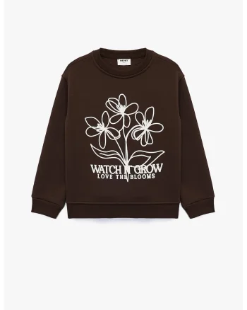 Bluza de trening cu imprimeu floral, Alb/Maro inchis