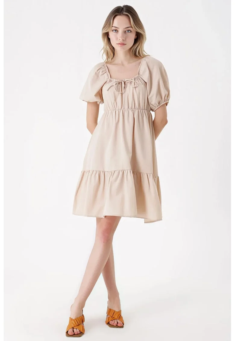 Rochie mini dama, HiCCUP, forma A, bumbac/poliester, bej