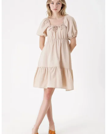Rochie mini dama, HiCCUP, forma A, bumbac/poliester, bej