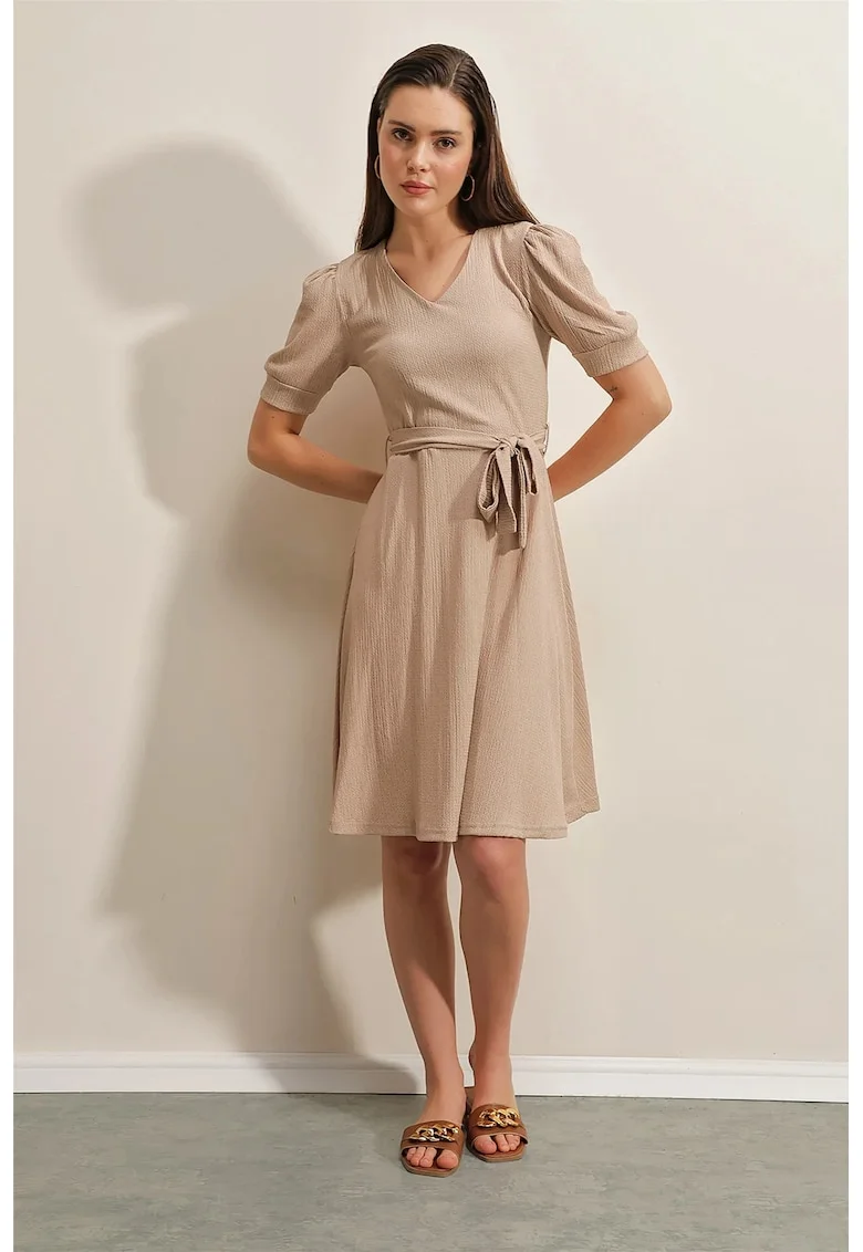 Rochie midi, HiCCUP, tricotata, decolteu in V, funda, bej, jerseu