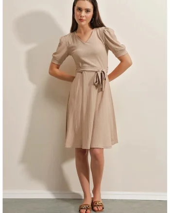 Rochie midi, HiCCUP, tricotata, decolteu in V, funda, bej, jerseu