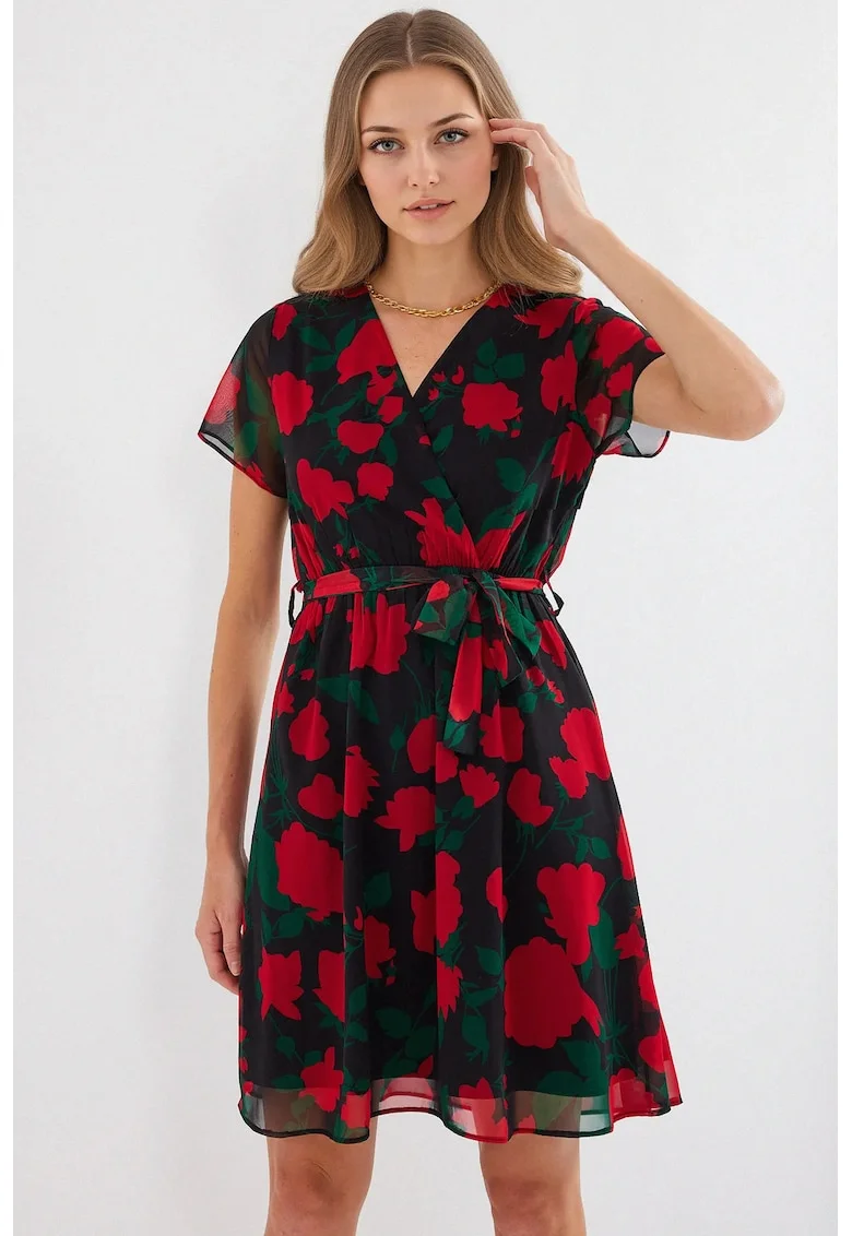 Rochie mini dama HiCCUP, imprimeu floral, textil, decolteu in V, multicolor