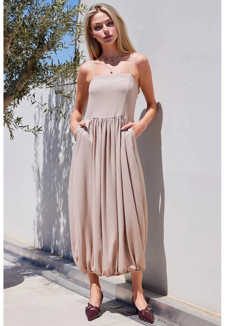 Rochie maxi tricotata HiCCUP, texturata, guler patrat, bej, poliester