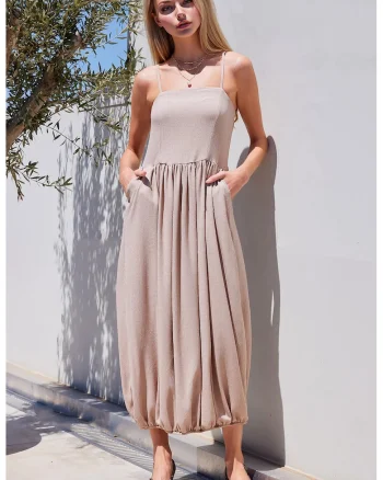 Rochie maxi tricotata HiCCUP, texturata, guler patrat, bej, poliester