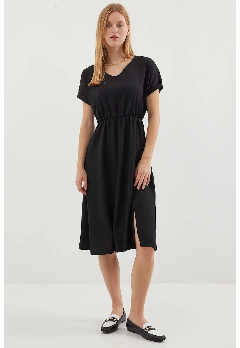 Rochie midi tricotata  texturata, decolteu in V, crapatura, poliester, Negru,