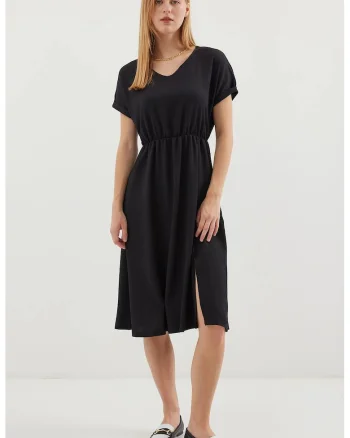 Rochie midi tricotata  texturata, decolteu in V, crapatura, poliester, Negru,