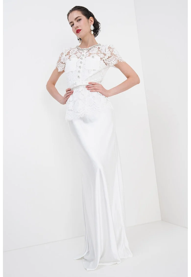 Rochie lunga cu model 2in1 si dantela florala, Alb optic/Transparent