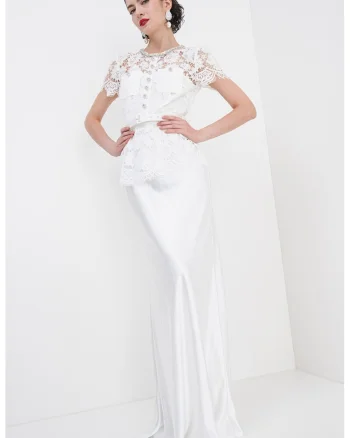 Rochie lunga cu model 2in1 si dantela florala, Alb optic/Transparent