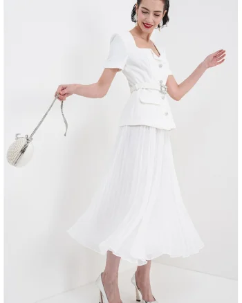 Rochie combi cu pliuri, Alb optic