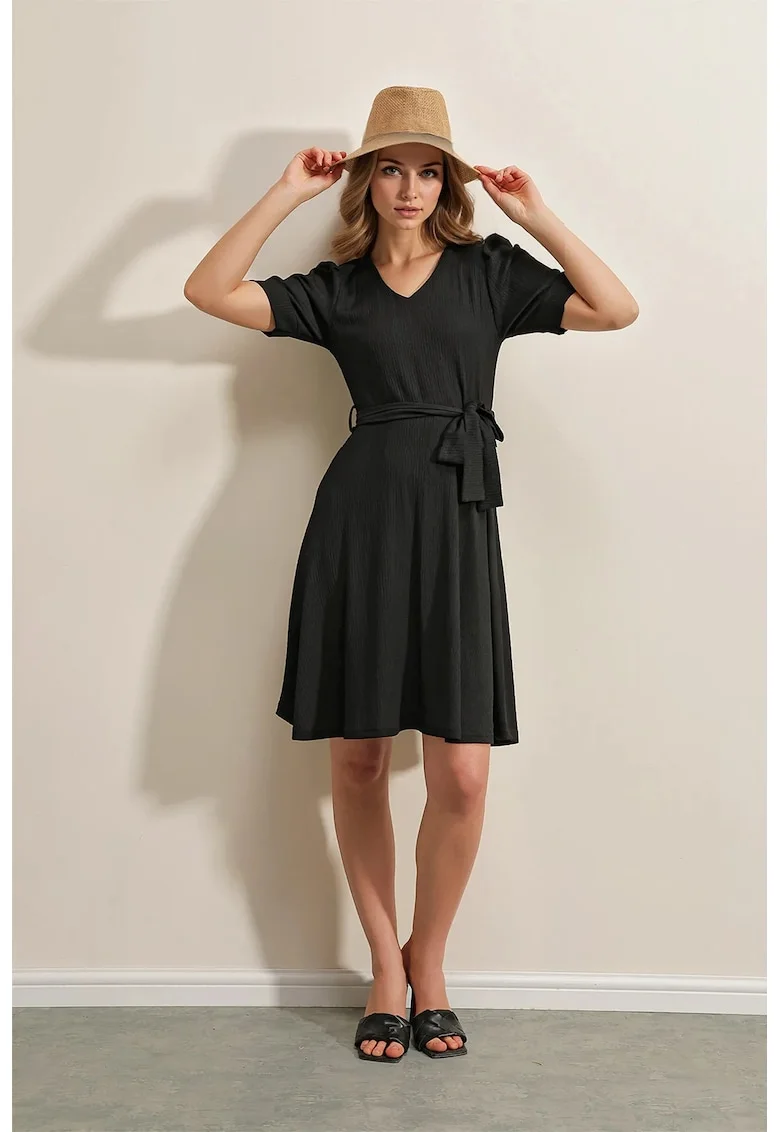 Rochie midi, HiCCUP, tricotata, decolteu in V, funda, negru, jerseu