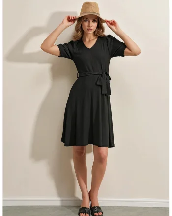 Rochie midi, HiCCUP, tricotata, decolteu in V, funda, negru, jerseu