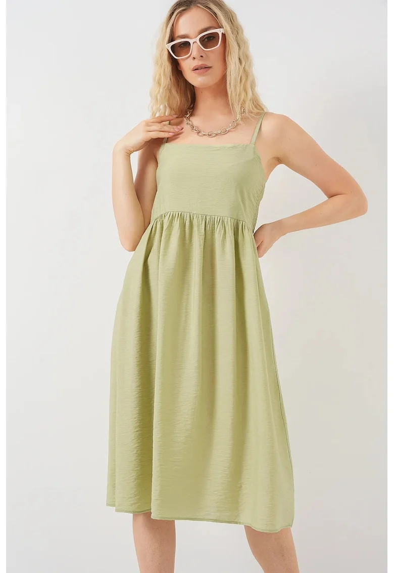 Rochie midi dama, HiCCUP, cu decolteu patrat, viscoza/nylon, verde