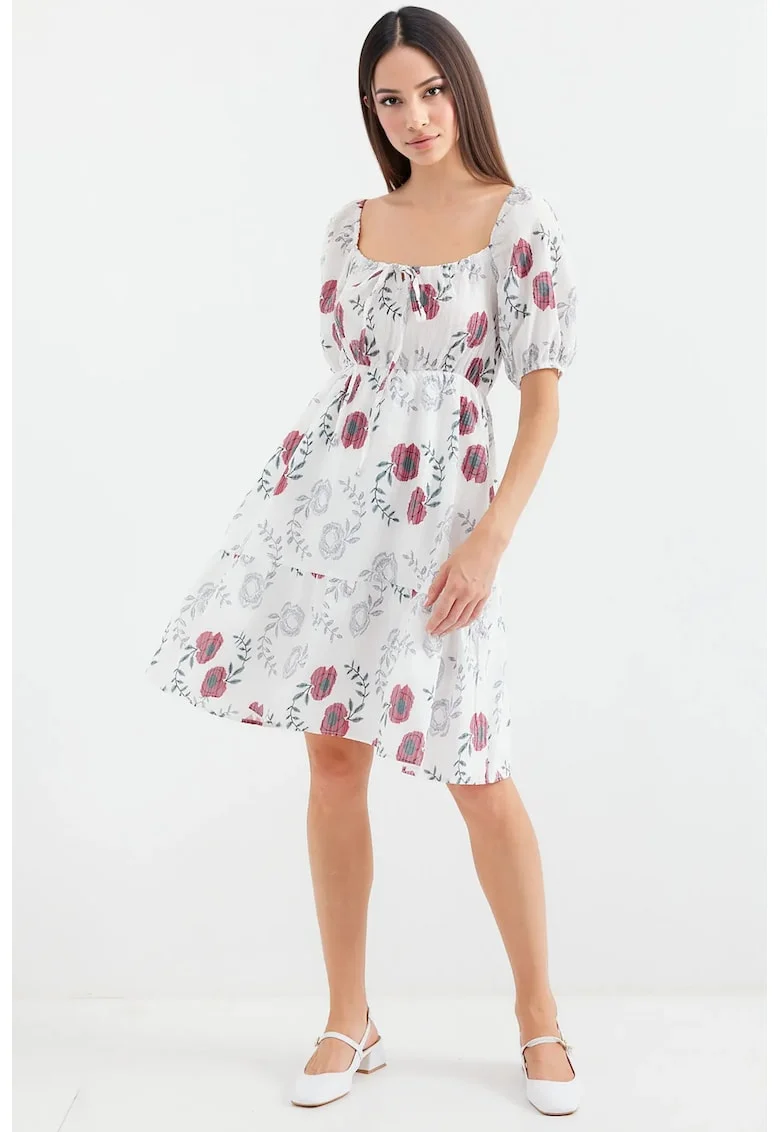 Rochie mini, HiCCUP, imprimeu floral, guler patrat, bej, poliester-bumbac