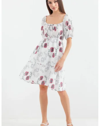 Rochie mini, HiCCUP, imprimeu floral, guler patrat, bej, poliester-bumbac