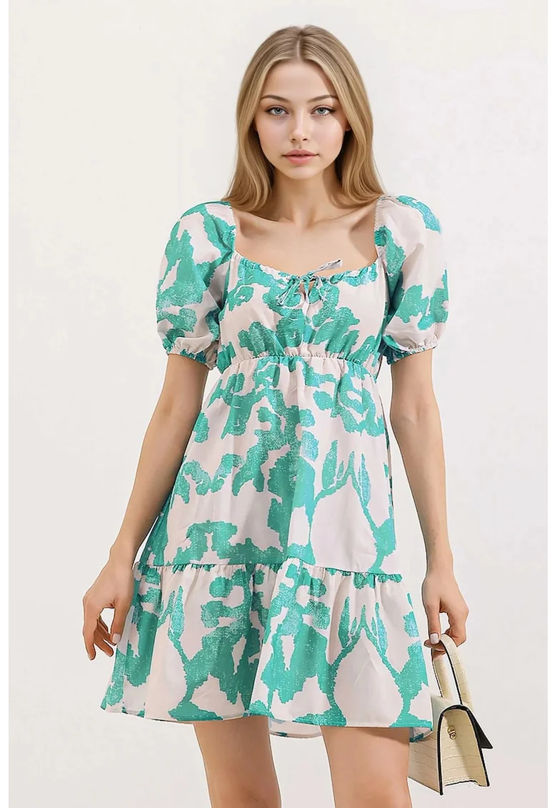 Rochie mini dama, HiCCUP, forma A, decolteu patrat, bumbac/poliester, verde/alb
