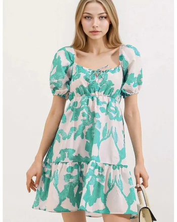 Rochie mini dama, HiCCUP, forma A, decolteu patrat, bumbac/poliester, verde/alb