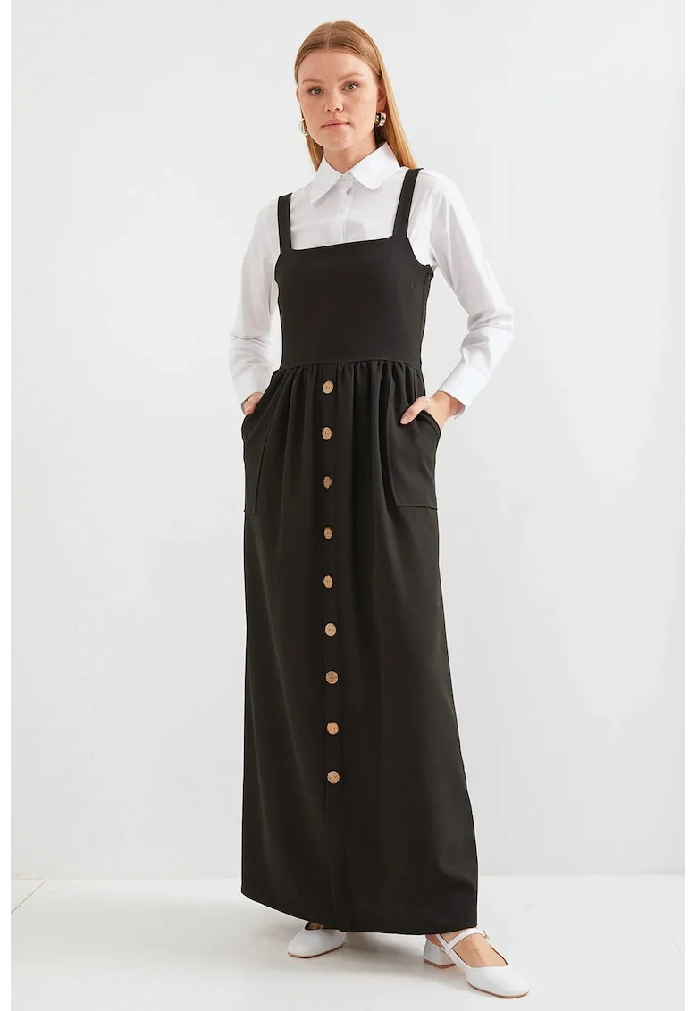 Rochie maxi, HiCCUP, in forma de A, guler patrat, neagra, jerseu
