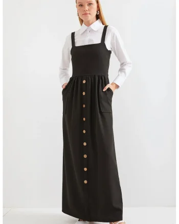 Rochie maxi, HiCCUP, in forma de A, guler patrat, neagra, jerseu