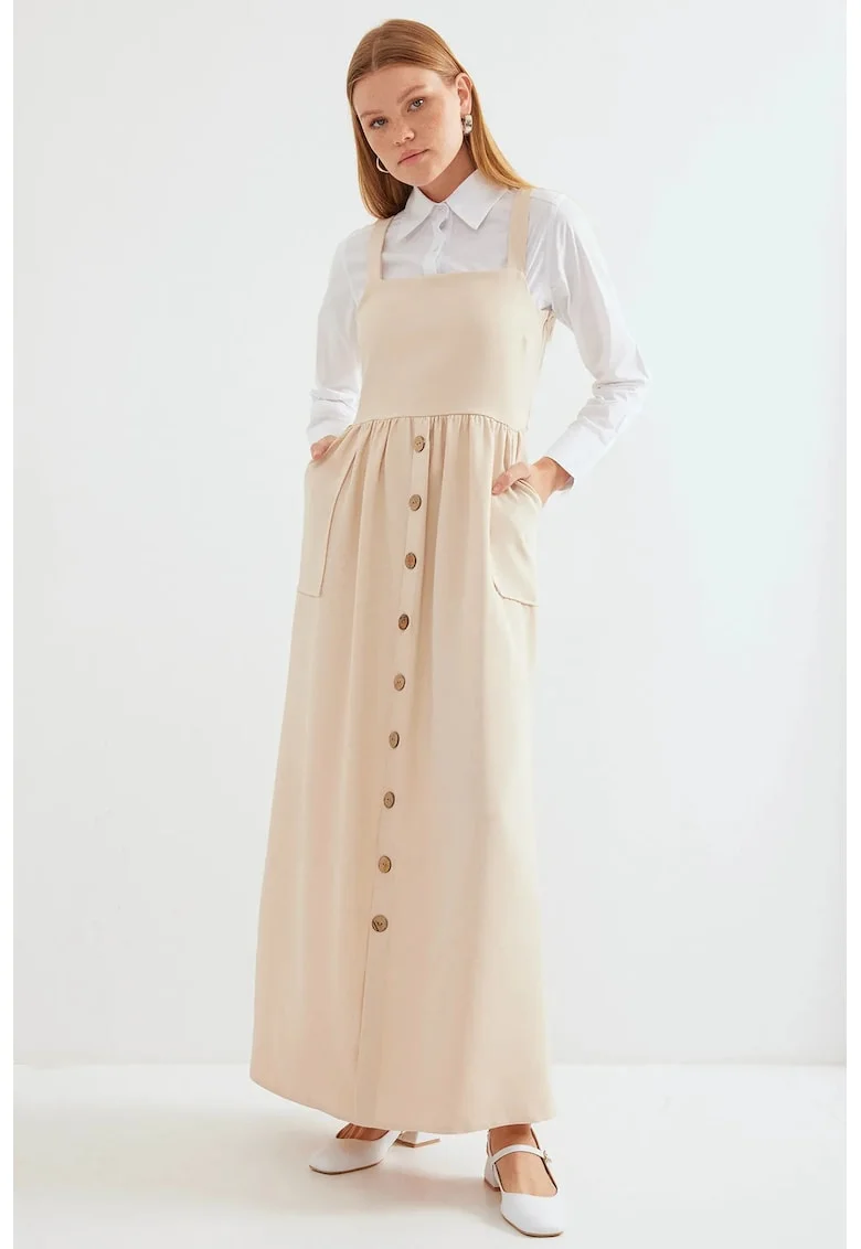Rochie maxi, HiCCUP, guler patrat, in forma de A, bej, jerseu