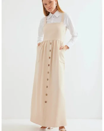 Rochie maxi, HiCCUP, guler patrat, in forma de A, bej, jerseu