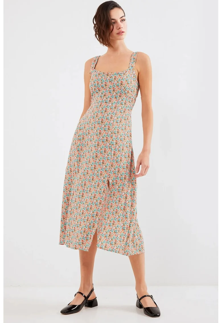 Rochie midi HiCCUP, mulata, cu guler patrat, crapatura eleganta, multicolor, viscoza