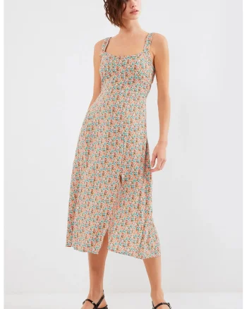 Rochie midi HiCCUP, mulata, cu guler patrat, crapatura eleganta, multicolor, viscoza