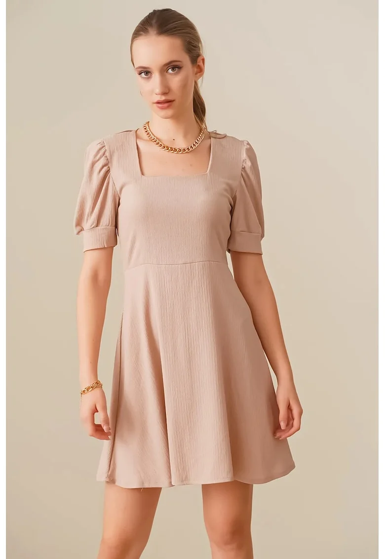 Rochie mini tricotata HiCCUP, guler patrat, bej, poliester