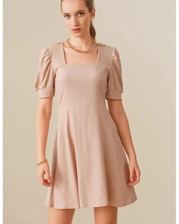 Rochie mini tricotata HiCCUP, guler patrat, bej, poliester