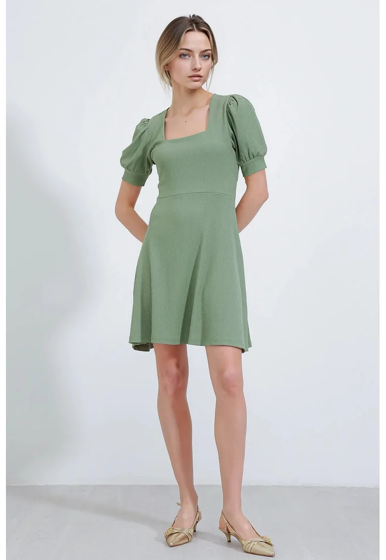 Rochie mini tricotata HiCCUP, guler patrat, verde, poliester-lycra