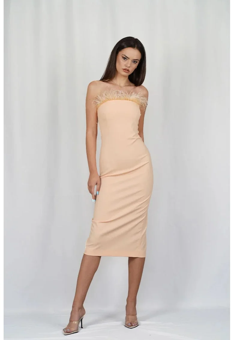 Rochie midi cu insertii de pene de-a lungul decolteului, Galben