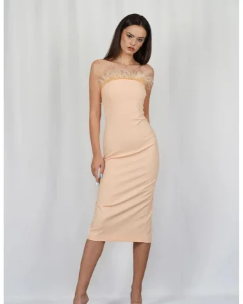 Rochie midi cu insertii de pene de-a lungul decolteului, Galben