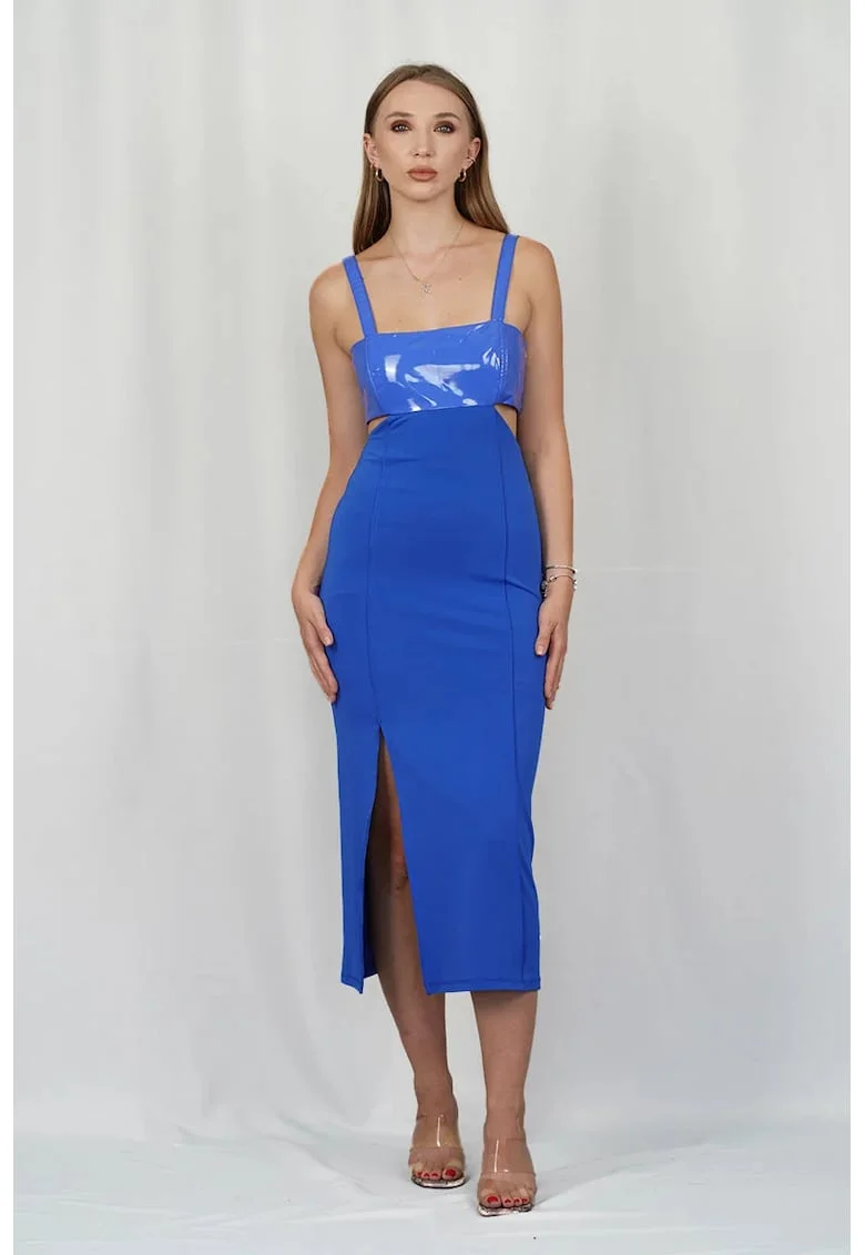 Rochie midi, decupata lateral cu top imitatie de piele, Albastru
