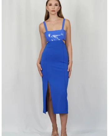Rochie midi, decupata lateral cu top imitatie de piele, Albastru