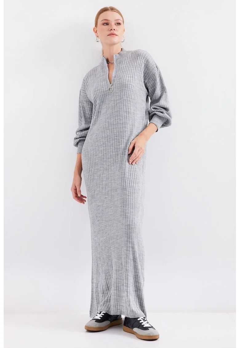 Rochie dama,  guler inalt cu fermoar, tricot, gri,