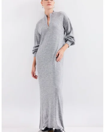 Rochie dama,  guler inalt cu fermoar, tricot, gri,