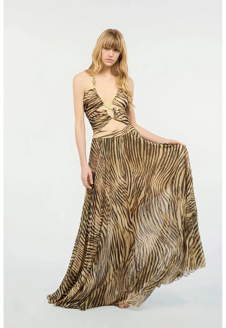 Rochie lunga cu animal print si bretele reglabile, Maro