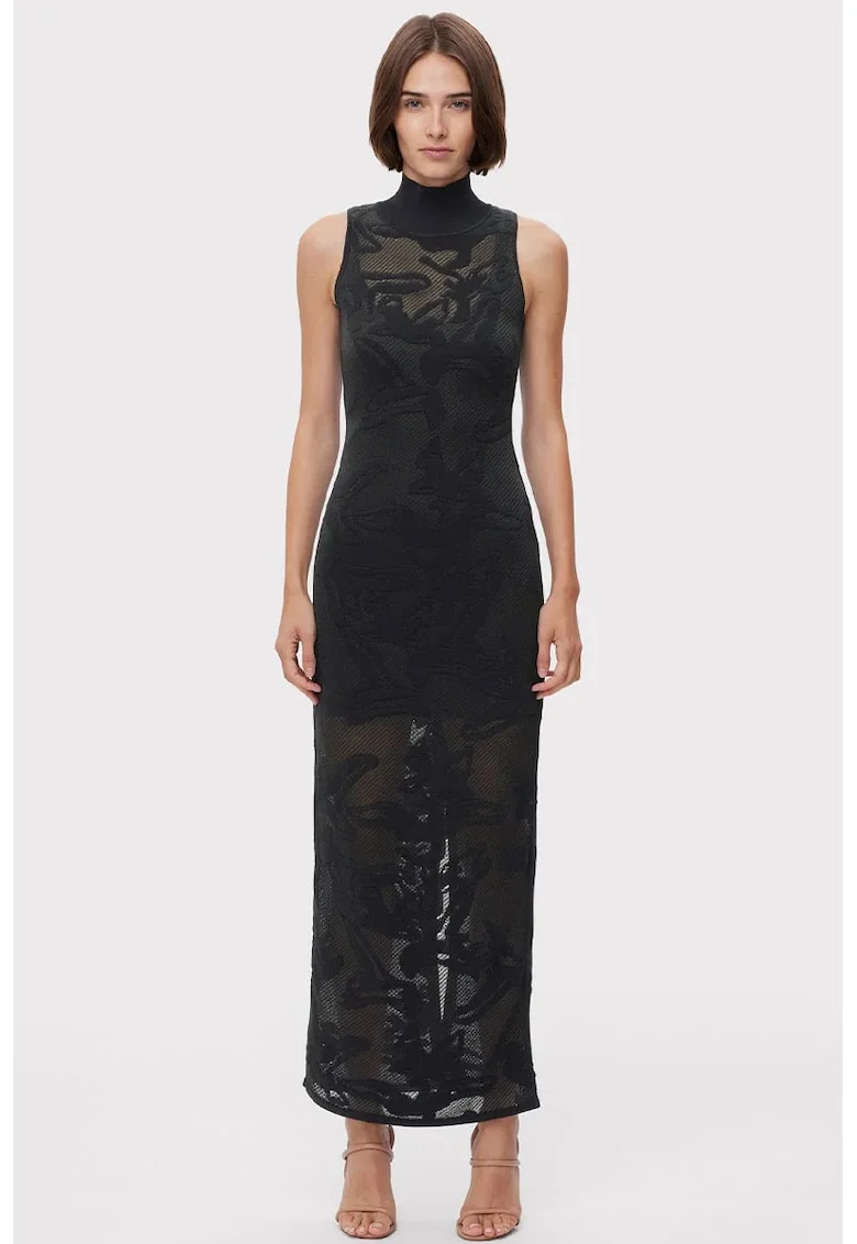 Rochie transparenta pana la glezna, fara maneci si guler inalt, Negru