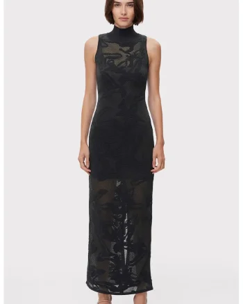 Rochie transparenta pana la glezna, fara maneci si guler inalt, Negru