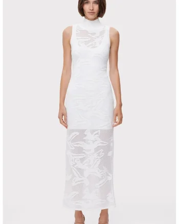 Rochie transparenta pana la glezna, fara maneci si guler inalt, Alb