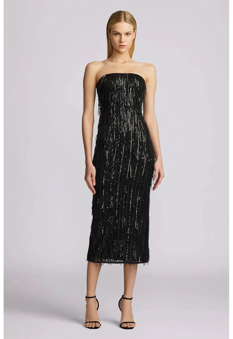 Rochie midi cu franjuri si paiete, Negru
